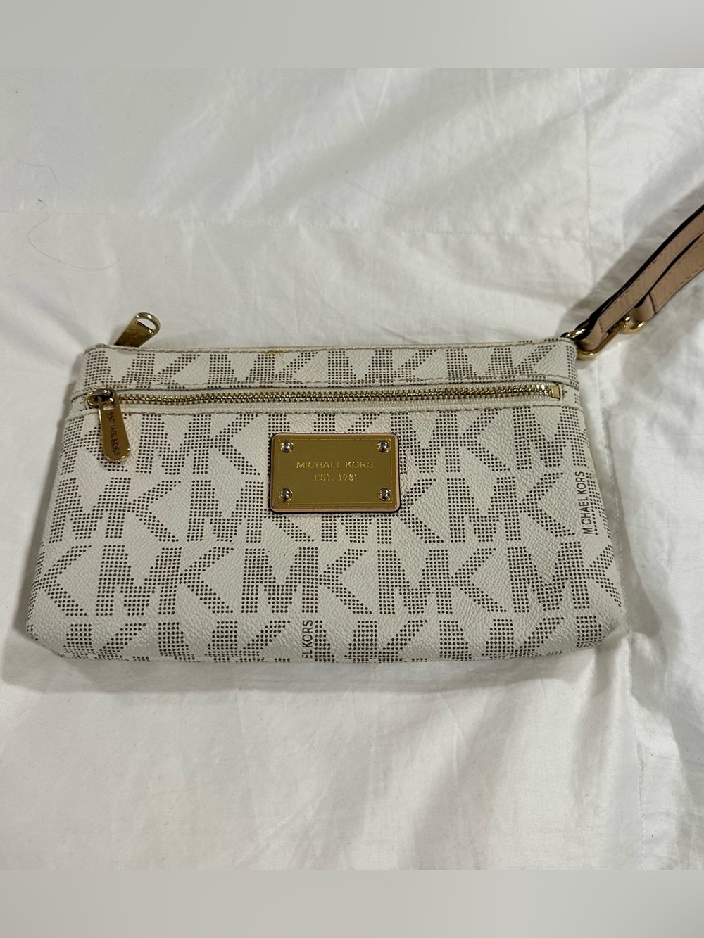 Michael Kors Beige White MK Logo Wristlet with Gold Hardware